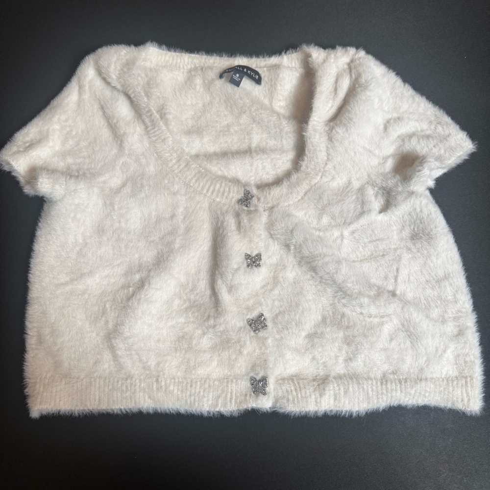 Kendall & Kylie Cream Fuzzy Cardigan Butterfly Rhinestone Buttons Y2K Coquette S